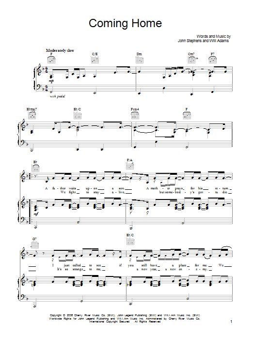 Download John Legend Coming Home Sheet Music and learn how to play Piano, Vocal & Guitar (Right-Hand Melody) PDF digital score in minutes