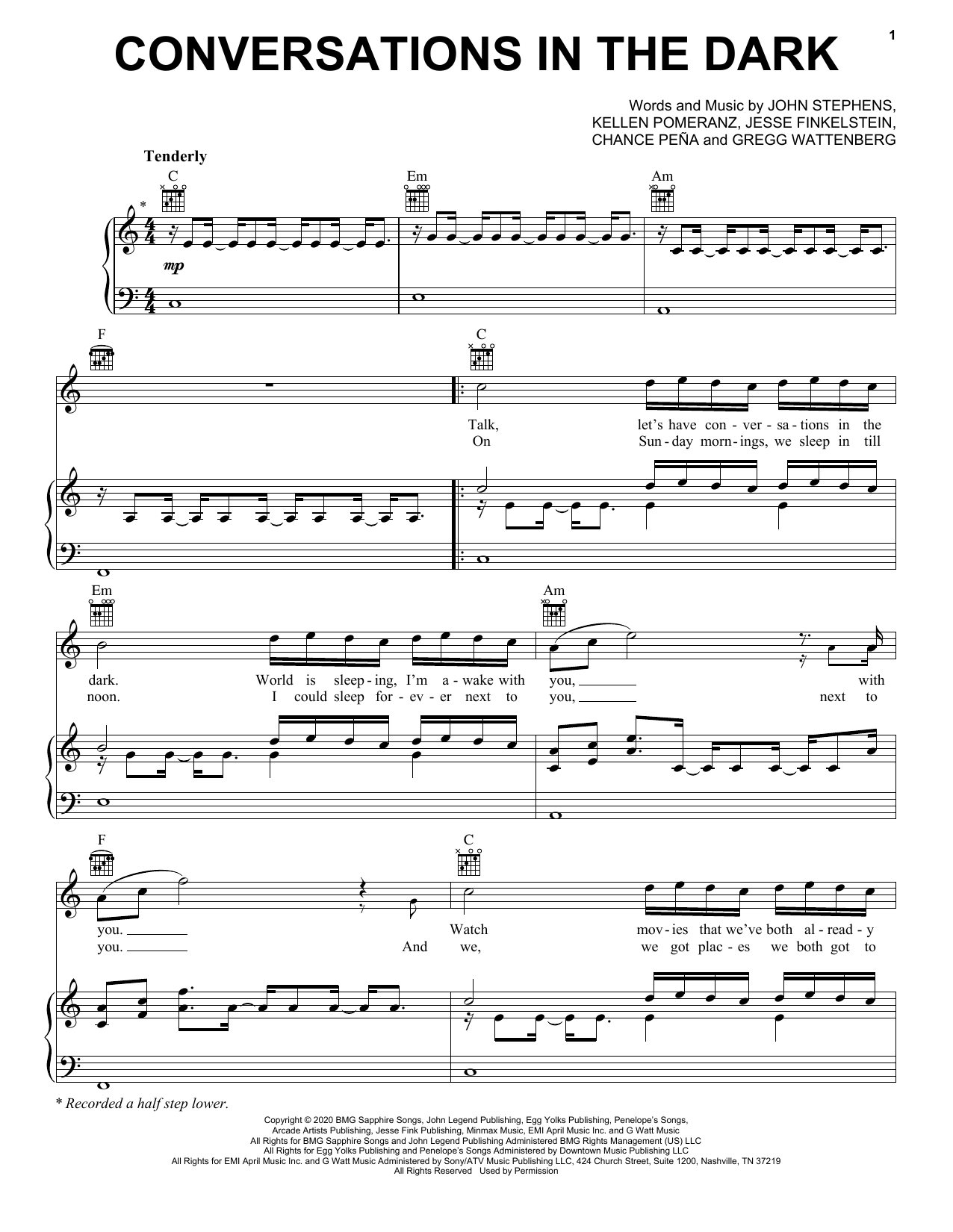 Download John Legend Conversations In The Dark Sheet Music and learn how to play Piano, Vocal & Guitar Chords (Right-Hand Melody) PDF digital score in minutes