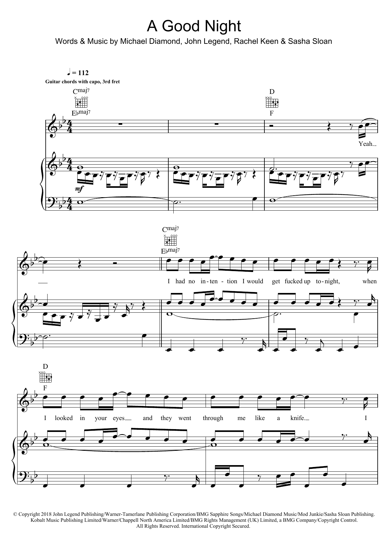 Download John Legend A Good Night (feat. BloodPop) Sheet Music and learn how to play Piano, Vocal & Guitar (Right-Hand Melody) PDF digital score in minutes