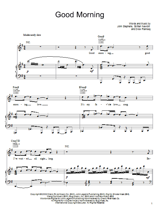 Download John Legend Good Morning Sheet Music and learn how to play Piano, Vocal & Guitar (Right-Hand Melody) PDF digital score in minutes