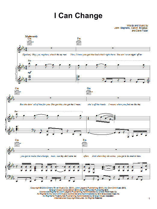 Download John Legend I Can Change Sheet Music and learn how to play Piano, Vocal & Guitar (Right-Hand Melody) PDF digital score in minutes