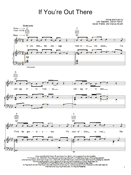 Download John Legend If You're Out There Sheet Music and learn how to play Piano, Vocal & Guitar (Right-Hand Melody) PDF digital score in minutes