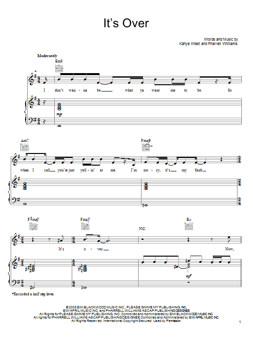 Download John Legend It's Over Sheet Music and learn how to play Piano, Vocal & Guitar (Right-Hand Melody) PDF digital score in minutes