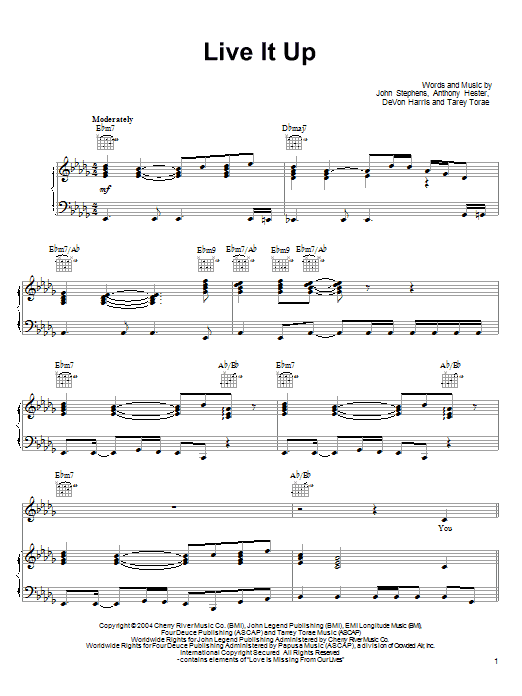 Download John Legend Live It Up Sheet Music and learn how to play Piano, Vocal & Guitar (Right-Hand Melody) PDF digital score in minutes