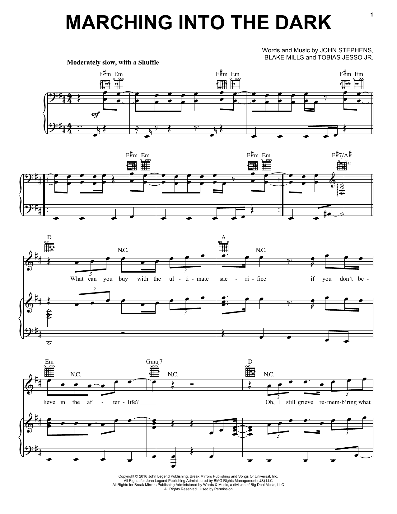 Download John Legend Marching Into The Dark Sheet Music and learn how to play Piano, Vocal & Guitar (Right-Hand Melody) PDF digital score in minutes