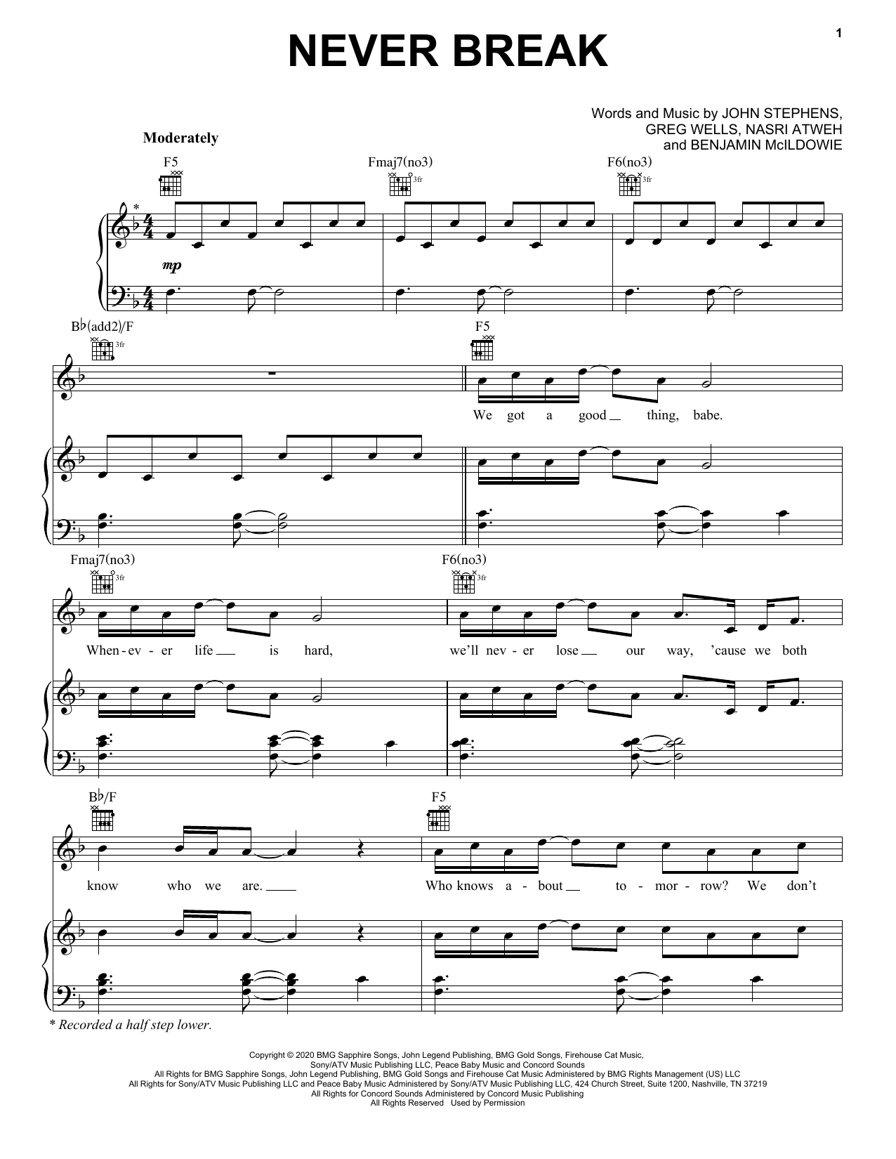 Download John Legend Never Break Sheet Music and learn how to play Big Note Piano PDF digital score in minutes
