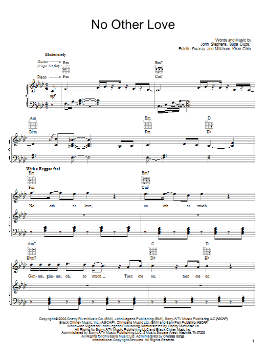 Download John Legend No Other Love Sheet Music and learn how to play Piano, Vocal & Guitar (Right-Hand Melody) PDF digital score in minutes