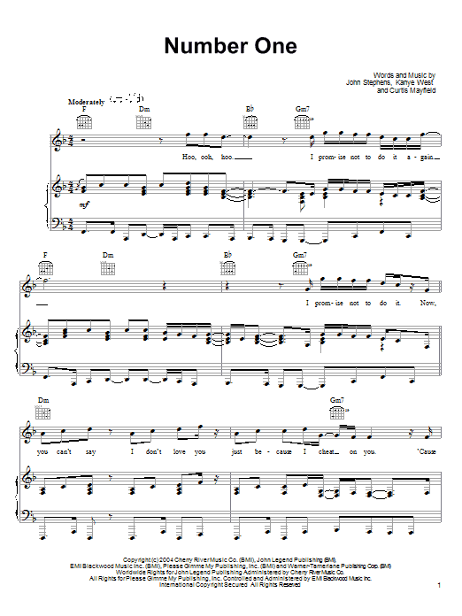 Download John Legend Number One Sheet Music and learn how to play Piano, Vocal & Guitar (Right-Hand Melody) PDF digital score in minutes