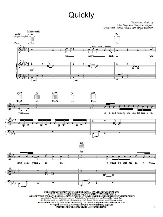 Download John Legend Quickly Sheet Music and learn how to play Piano, Vocal & Guitar (Right-Hand Melody) PDF digital score in minutes