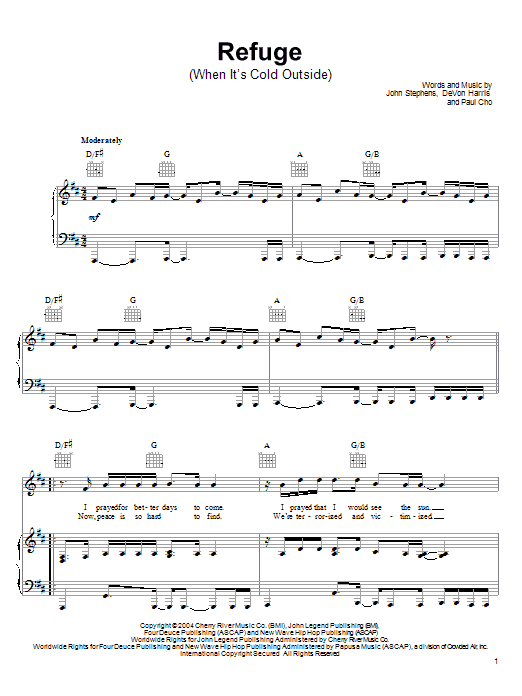 Download John Legend Refuge (When It's Cold Outside) Sheet Music and learn how to play Piano, Vocal & Guitar (Right-Hand Melody) PDF digital score in minutes