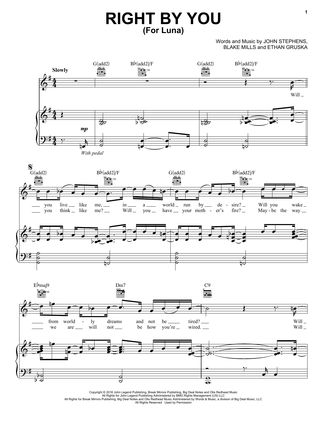 Download John Legend Right By You (For Luna) Sheet Music and learn how to play Piano, Vocal & Guitar (Right-Hand Melody) PDF digital score in minutes