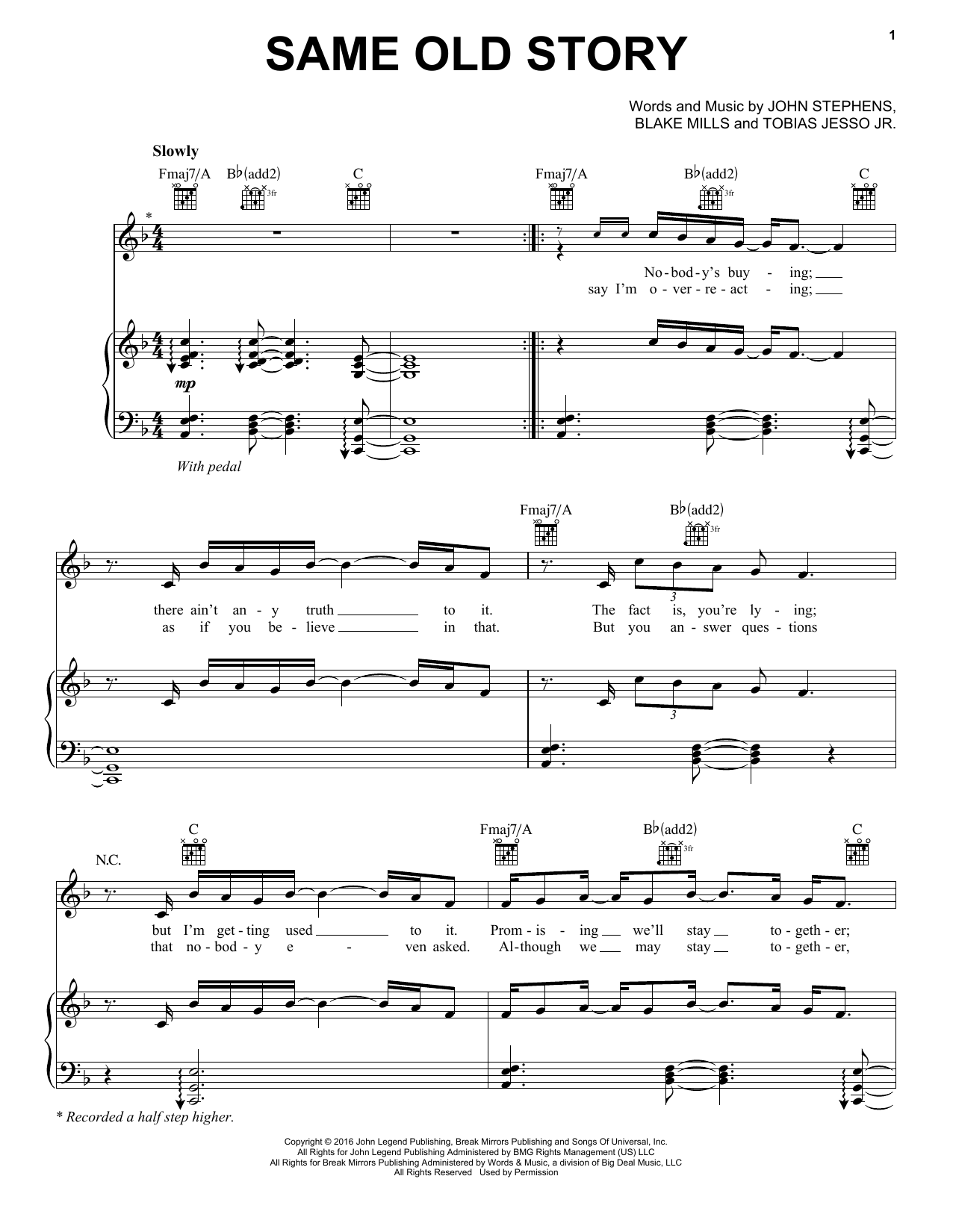 Download John Legend Same Old Story Sheet Music and learn how to play Piano, Vocal & Guitar (Right-Hand Melody) PDF digital score in minutes