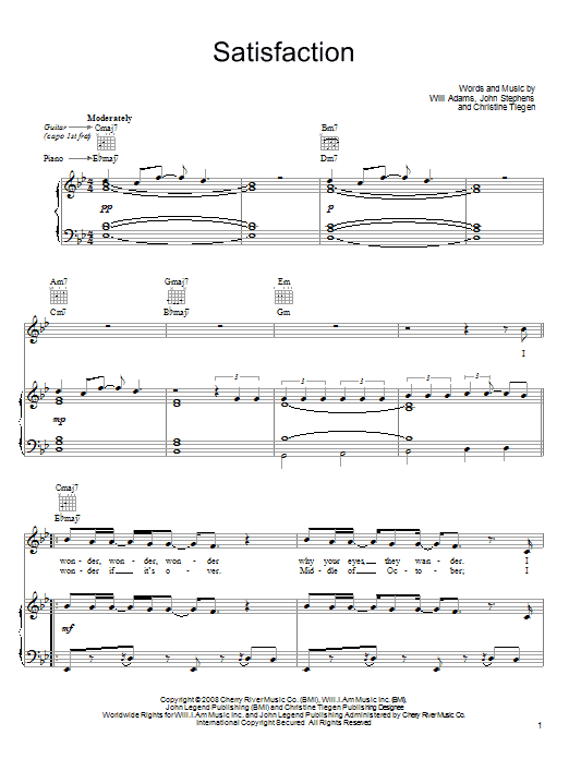 Download John Legend Satisfaction Sheet Music and learn how to play Piano, Vocal & Guitar (Right-Hand Melody) PDF digital score in minutes