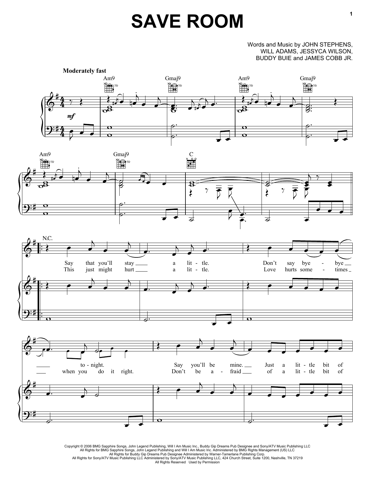 Download John Legend Save Room Sheet Music and learn how to play Easy Piano PDF digital score in minutes