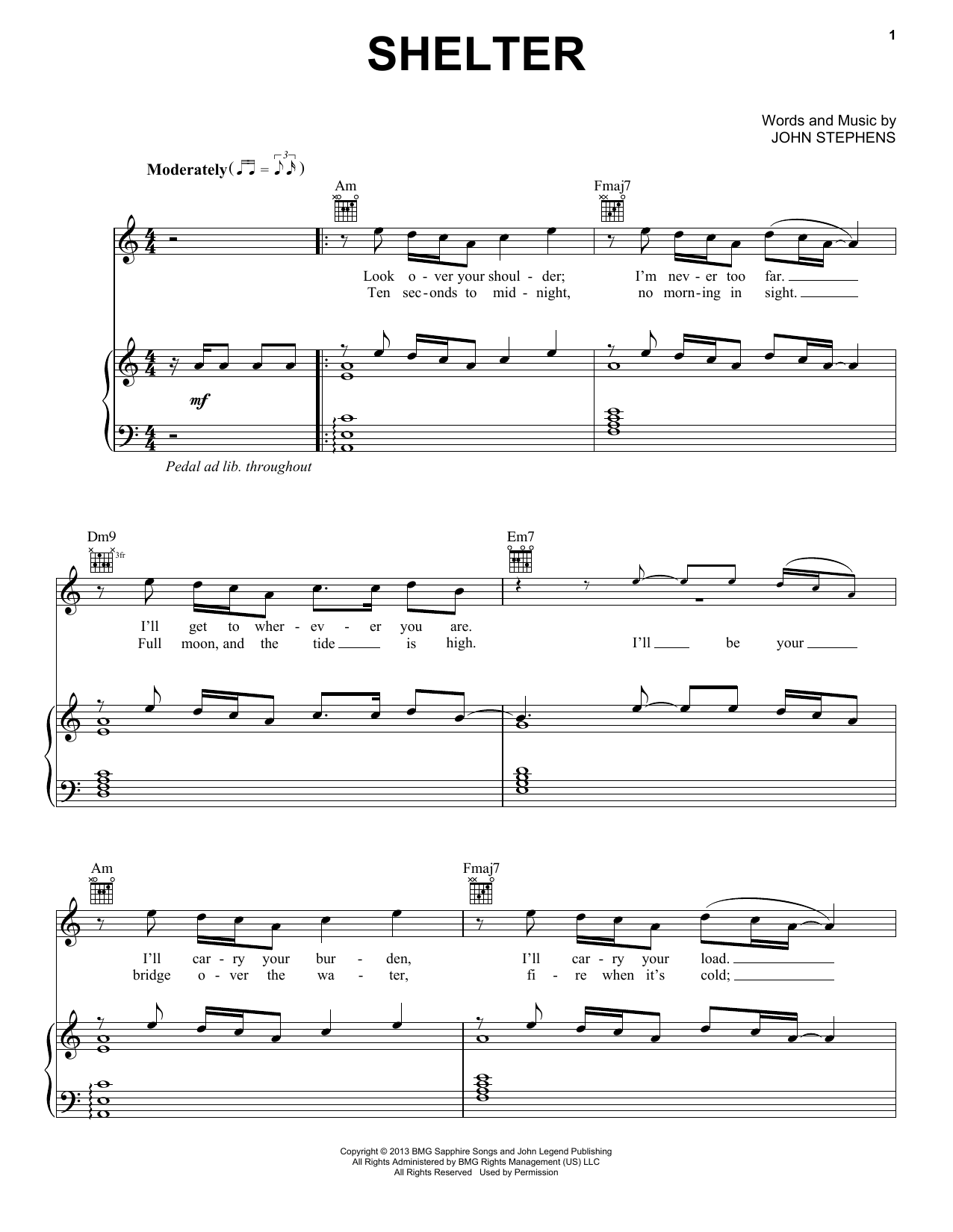Download John Legend Shelter Sheet Music and learn how to play Piano, Vocal & Guitar (Right-Hand Melody) PDF digital score in minutes