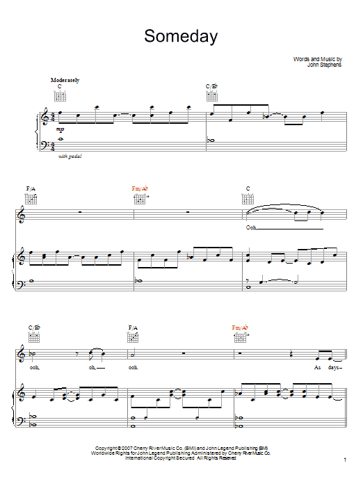 Download John Legend Someday Sheet Music and learn how to play Piano, Vocal & Guitar (Right-Hand Melody) PDF digital score in minutes