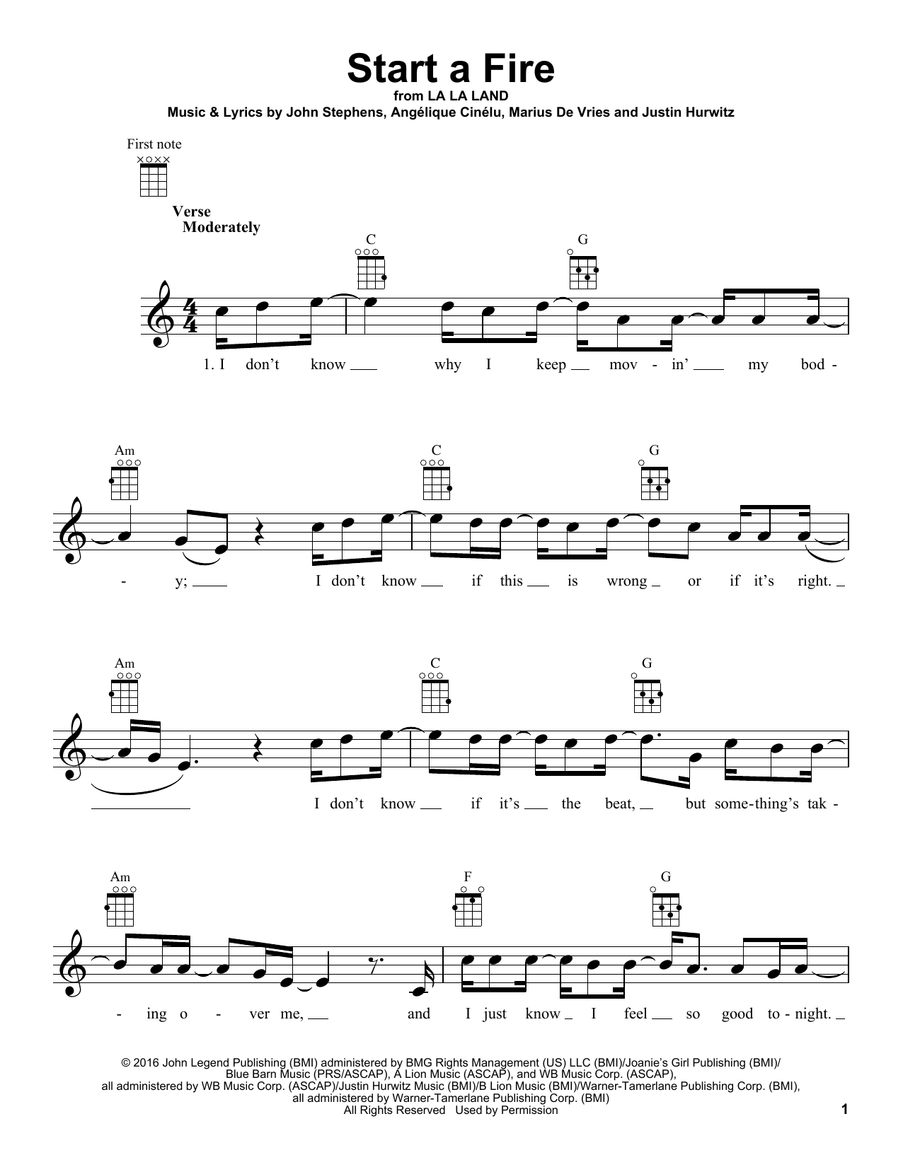 Download John Legend Start A Fire (from La La Land) Sheet Music and learn how to play Ukulele PDF digital score in minutes