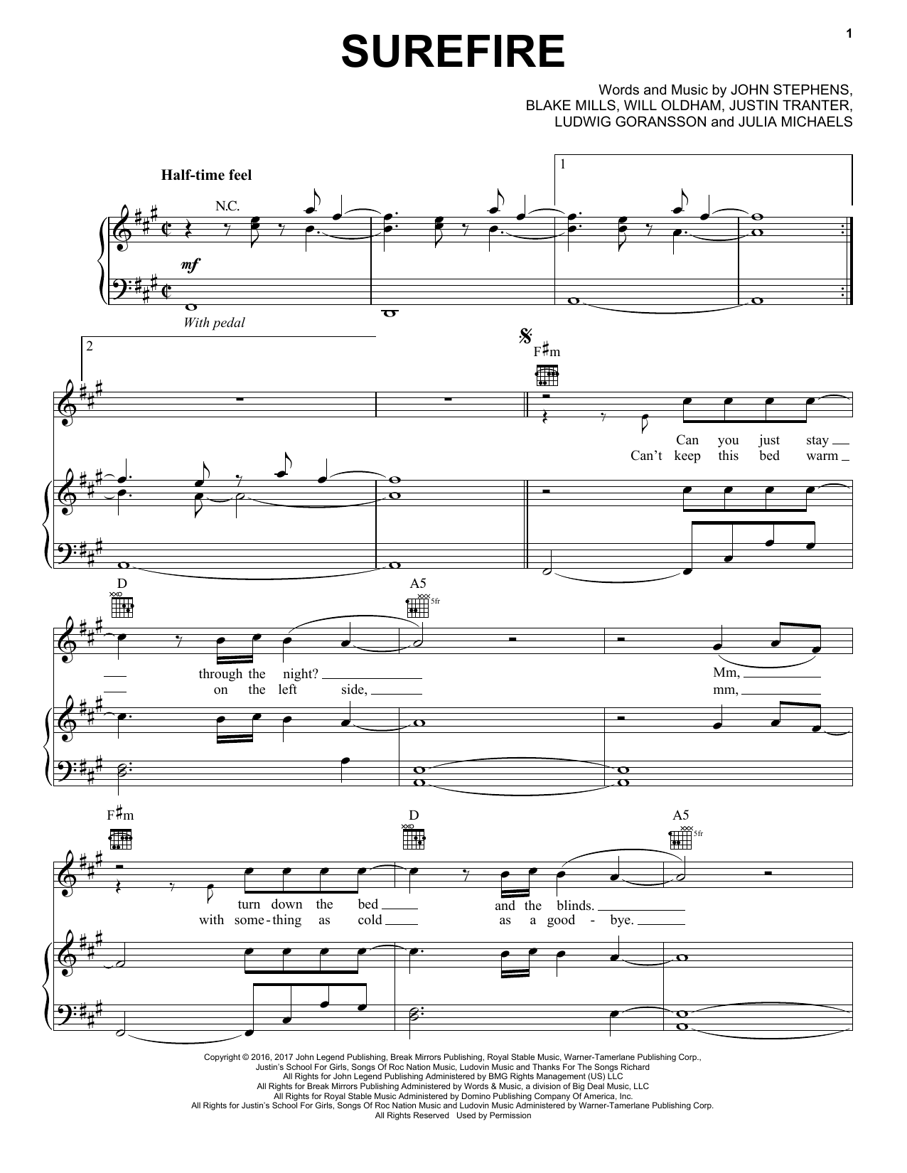 Download John Legend Surefire Sheet Music and learn how to play Piano, Vocal & Guitar (Right-Hand Melody) PDF digital score in minutes