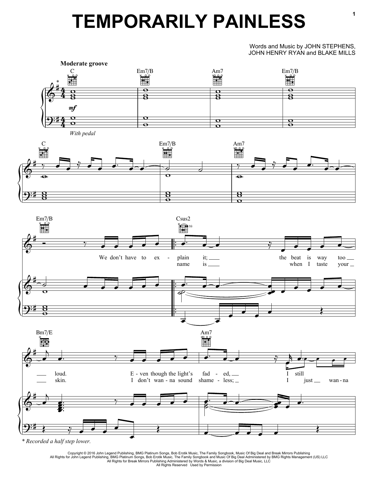 Download John Legend Temporarily Painless Sheet Music and learn how to play Piano, Vocal & Guitar (Right-Hand Melody) PDF digital score in minutes