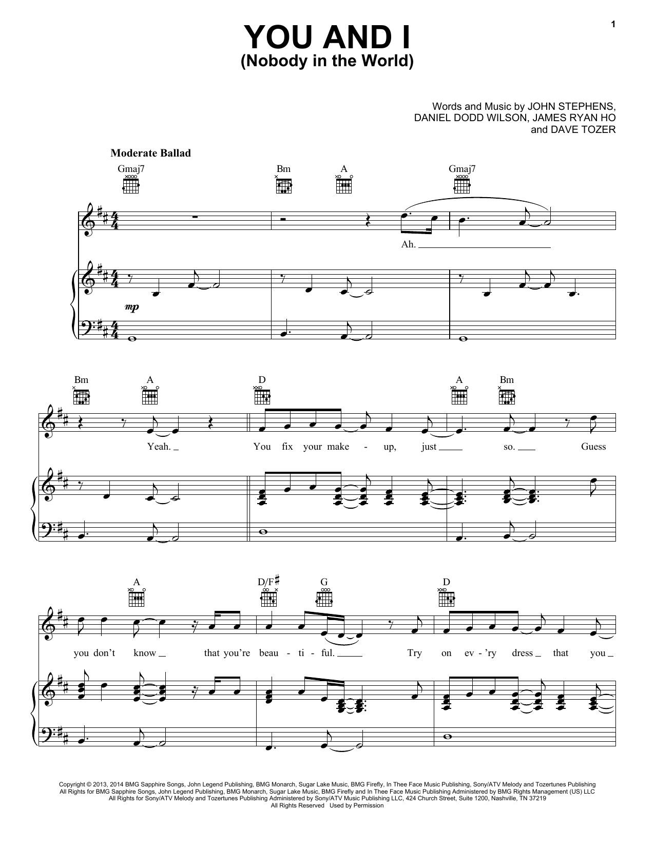 Download John Legend You And I (Nobody In The World) Sheet Music and learn how to play Piano, Vocal & Guitar (Right-Hand Melody) PDF digital score in minutes