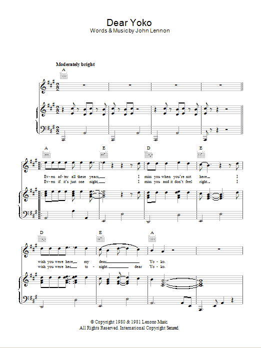 Download John Lennon Dear Yoko Sheet Music and learn how to play Piano, Vocal & Guitar (Right-Hand Melody) PDF digital score in minutes