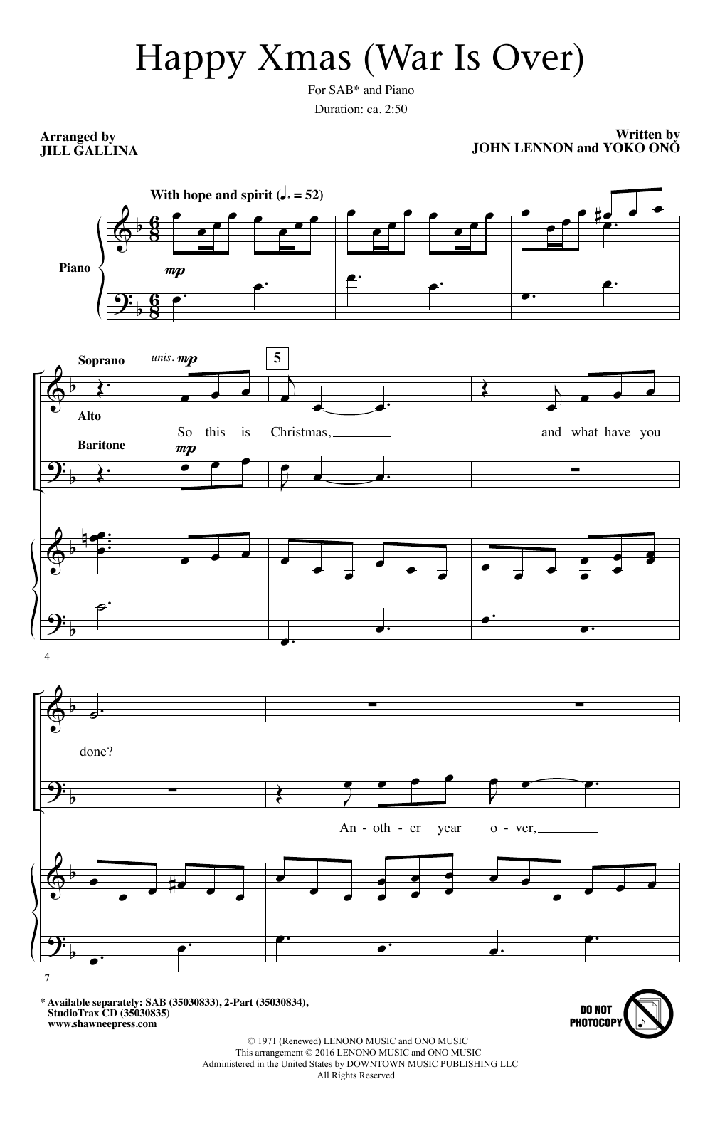Download Jill Gallina Happy Xmas (War Is Over) Sheet Music and learn how to play SAB PDF digital score in minutes