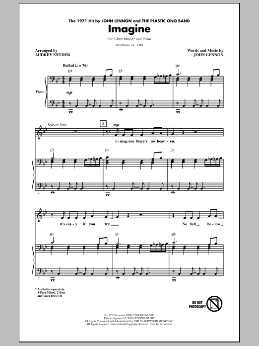 Download John Lennon Imagine (arr. Audrey Snyder) Sheet Music and learn how to play 2-Part Choir PDF digital score in minutes