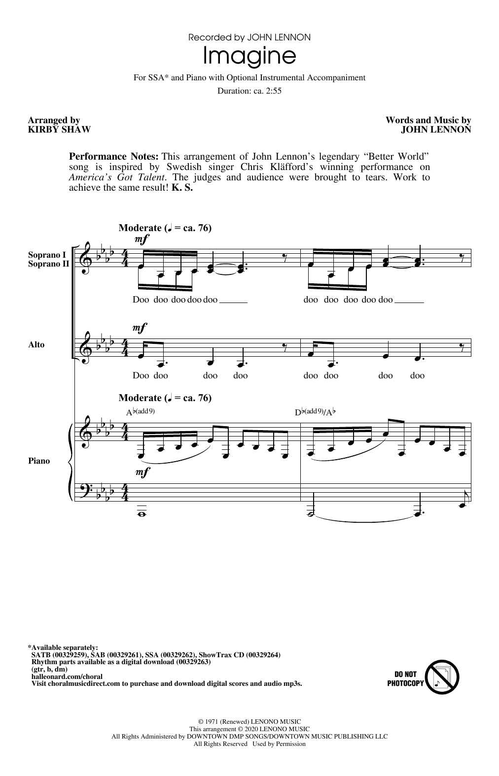 Download John Lennon Imagine (arr. Kirby Shaw) Sheet Music and learn how to play SSA Choir PDF digital score in minutes