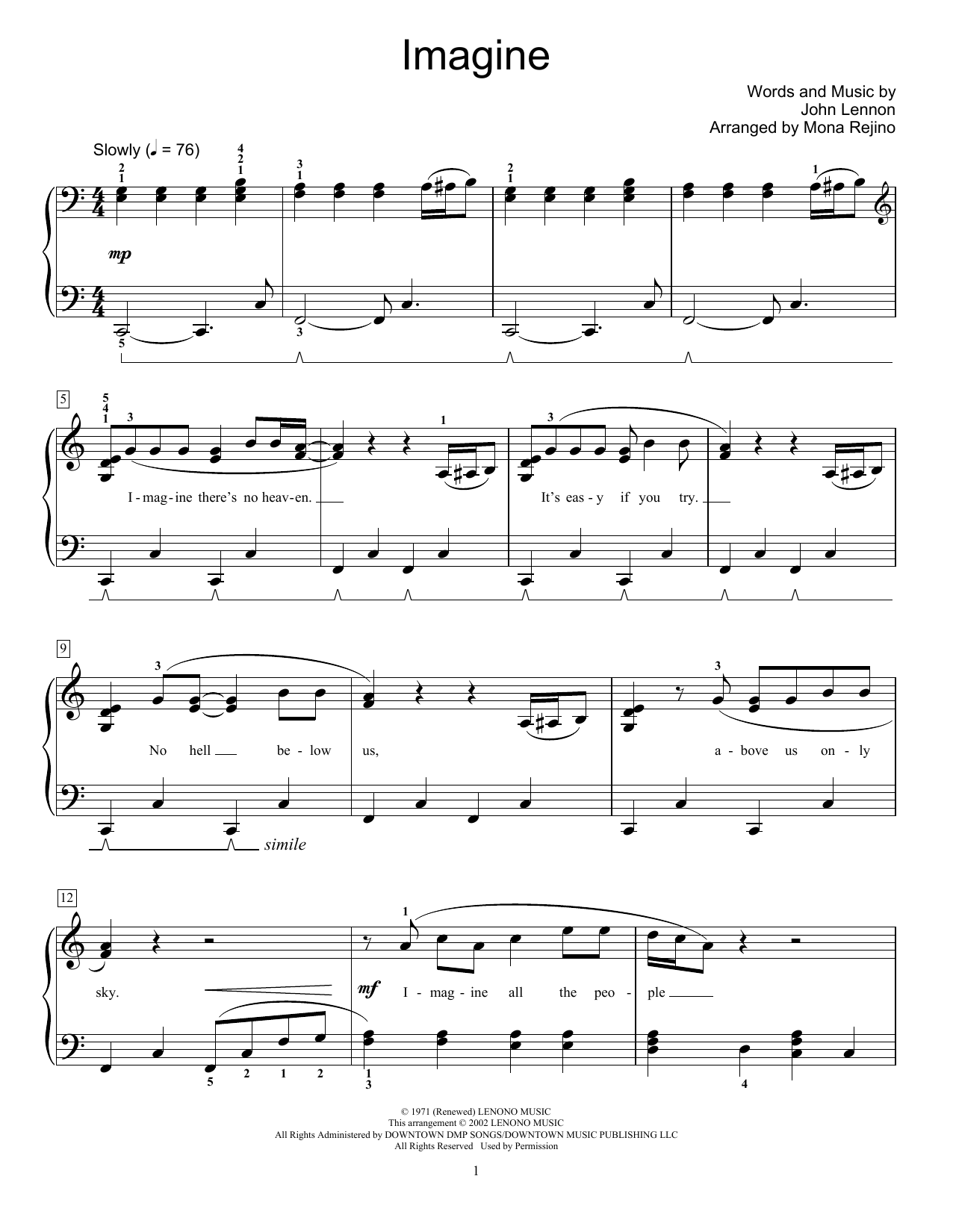 Download John Lennon Imagine (arr. Mona Rejino) Sheet Music and learn how to play Educational Piano PDF digital score in minutes