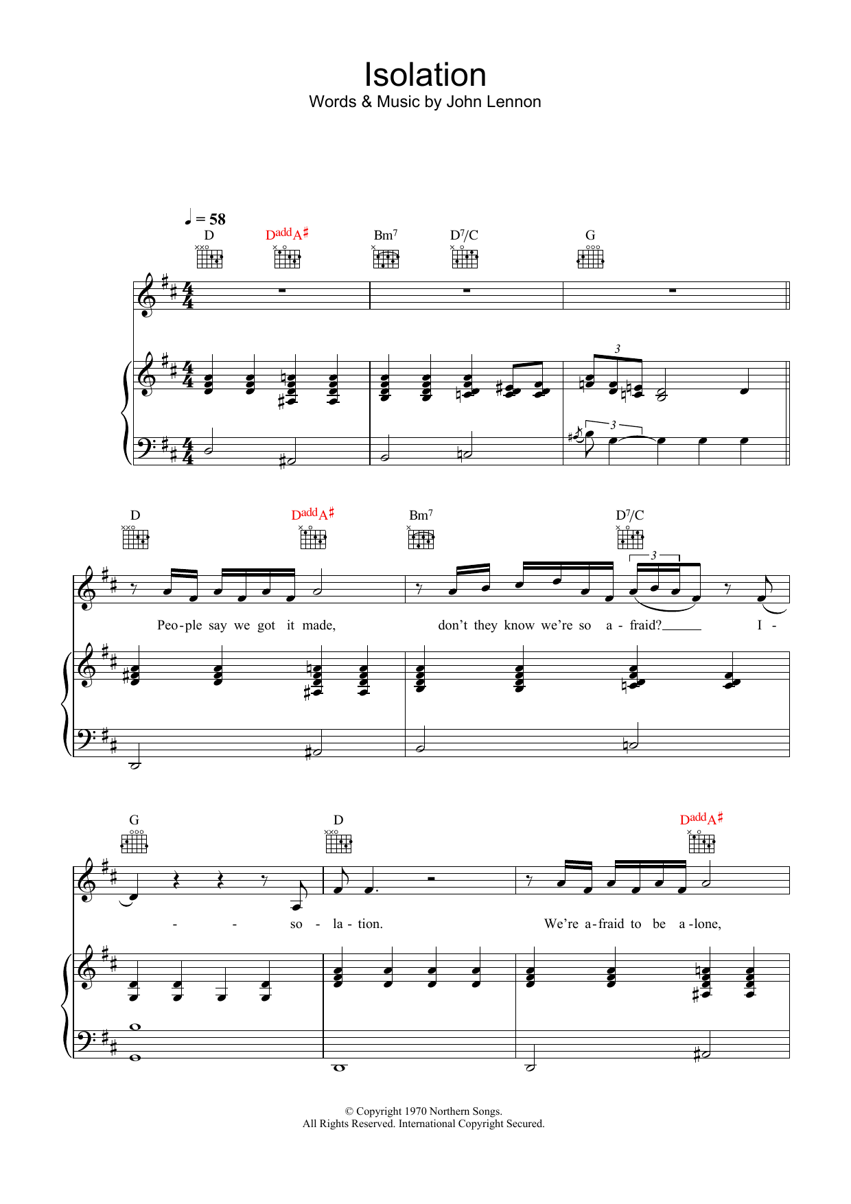 Download John Lennon Isolation Sheet Music and learn how to play Piano, Vocal & Guitar PDF digital score in minutes