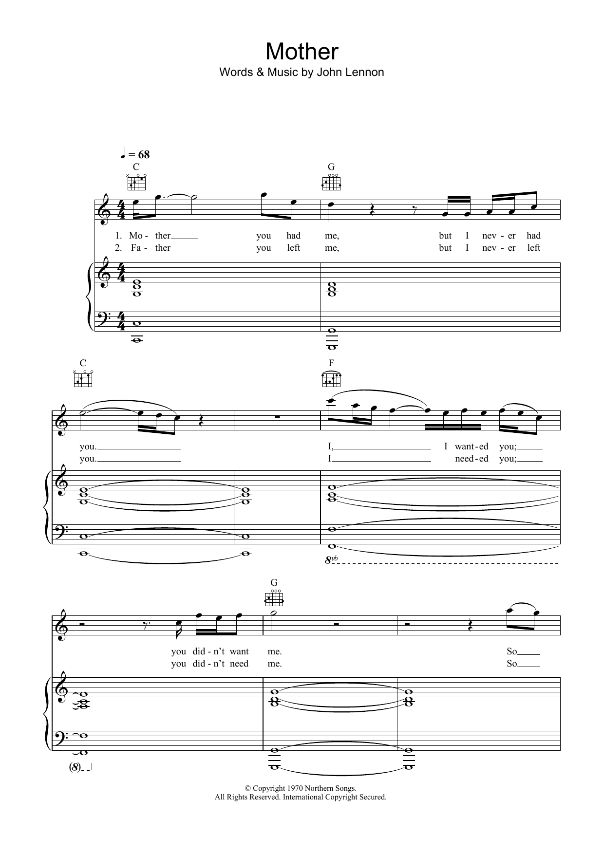 Download John Lennon Mother Sheet Music and learn how to play Melody Line, Lyrics & Chords PDF digital score in minutes