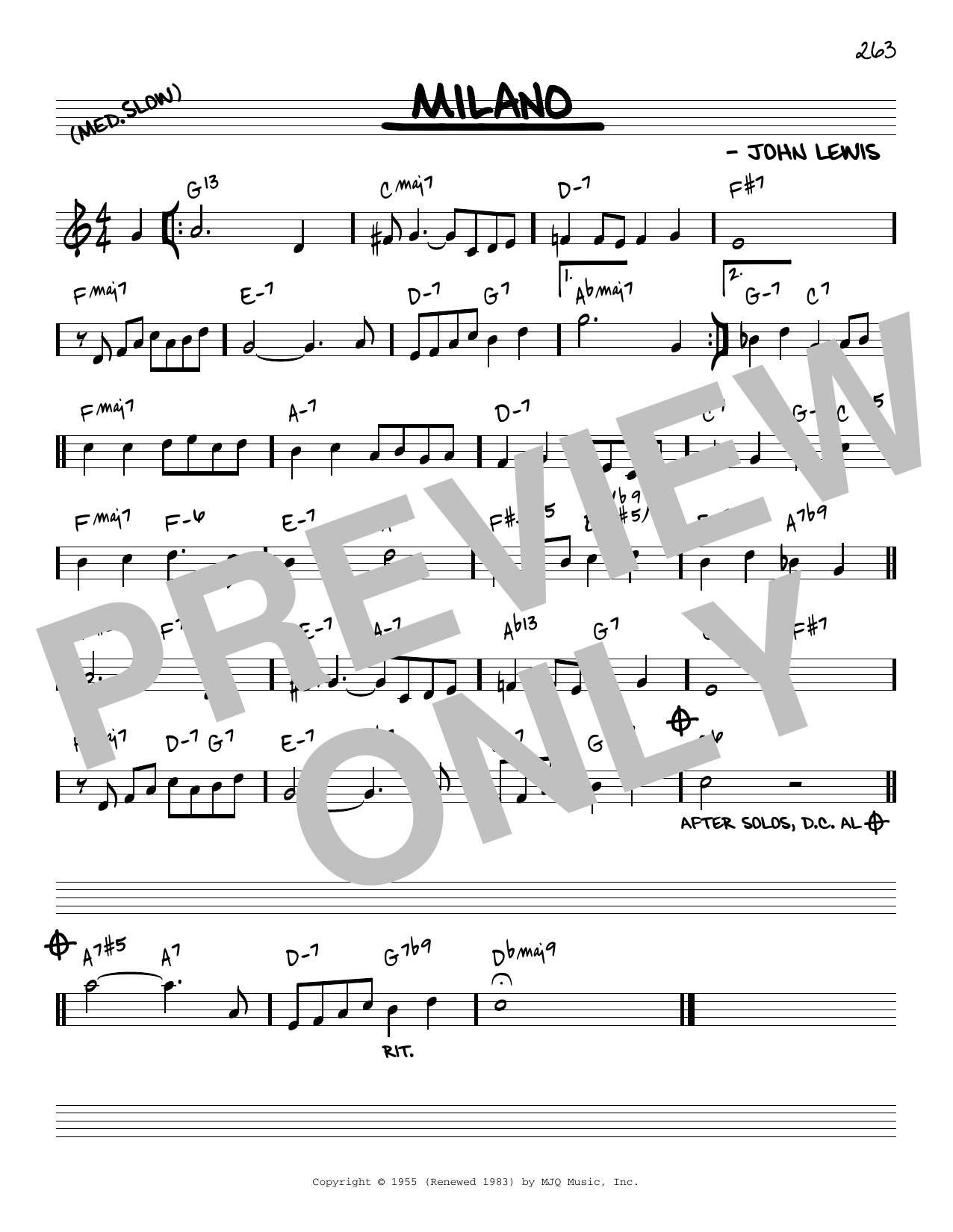 Download John Lewis Milano [Reharmonized version] (arr. Jack Grassel) Sheet Music and learn how to play Real Book – Melody & Chords PDF digital score in minutes