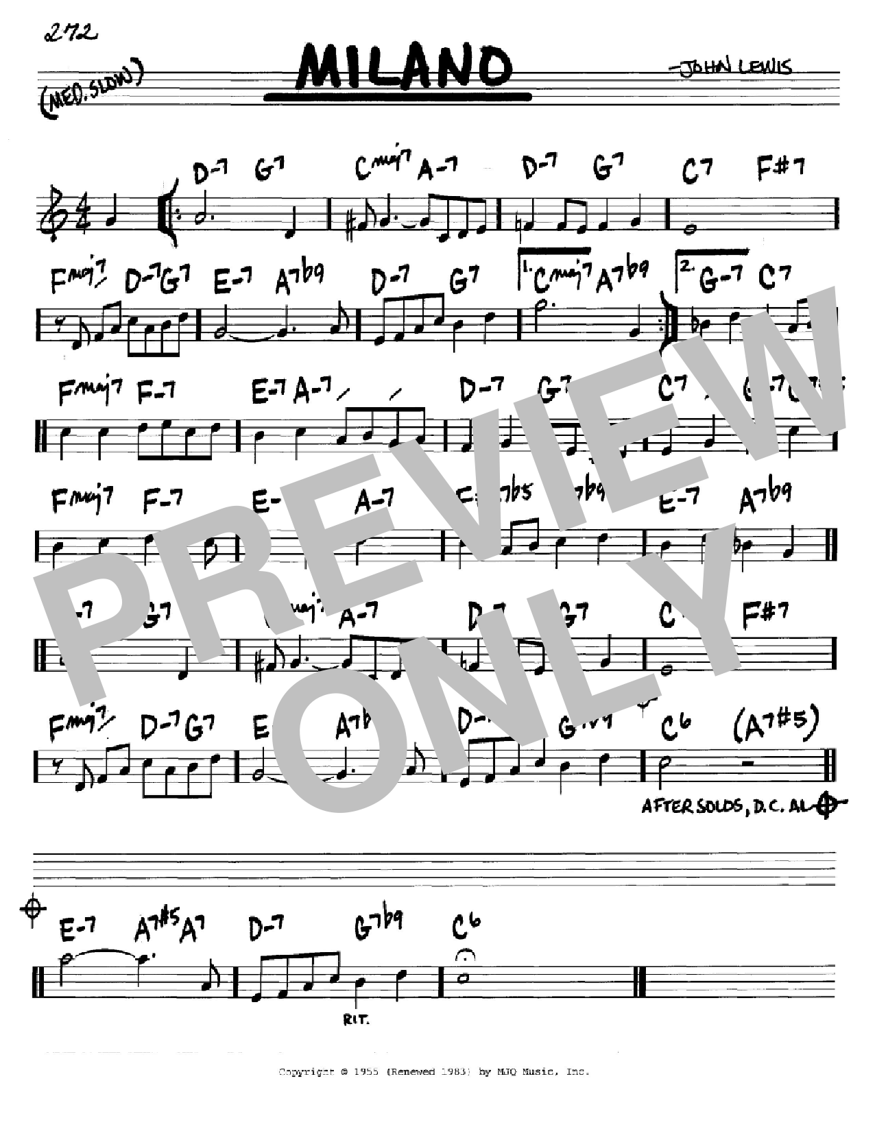 Download John Lewis Milano Sheet Music and learn how to play Real Book - Melody & Chords - Eb Instruments PDF digital score in minutes