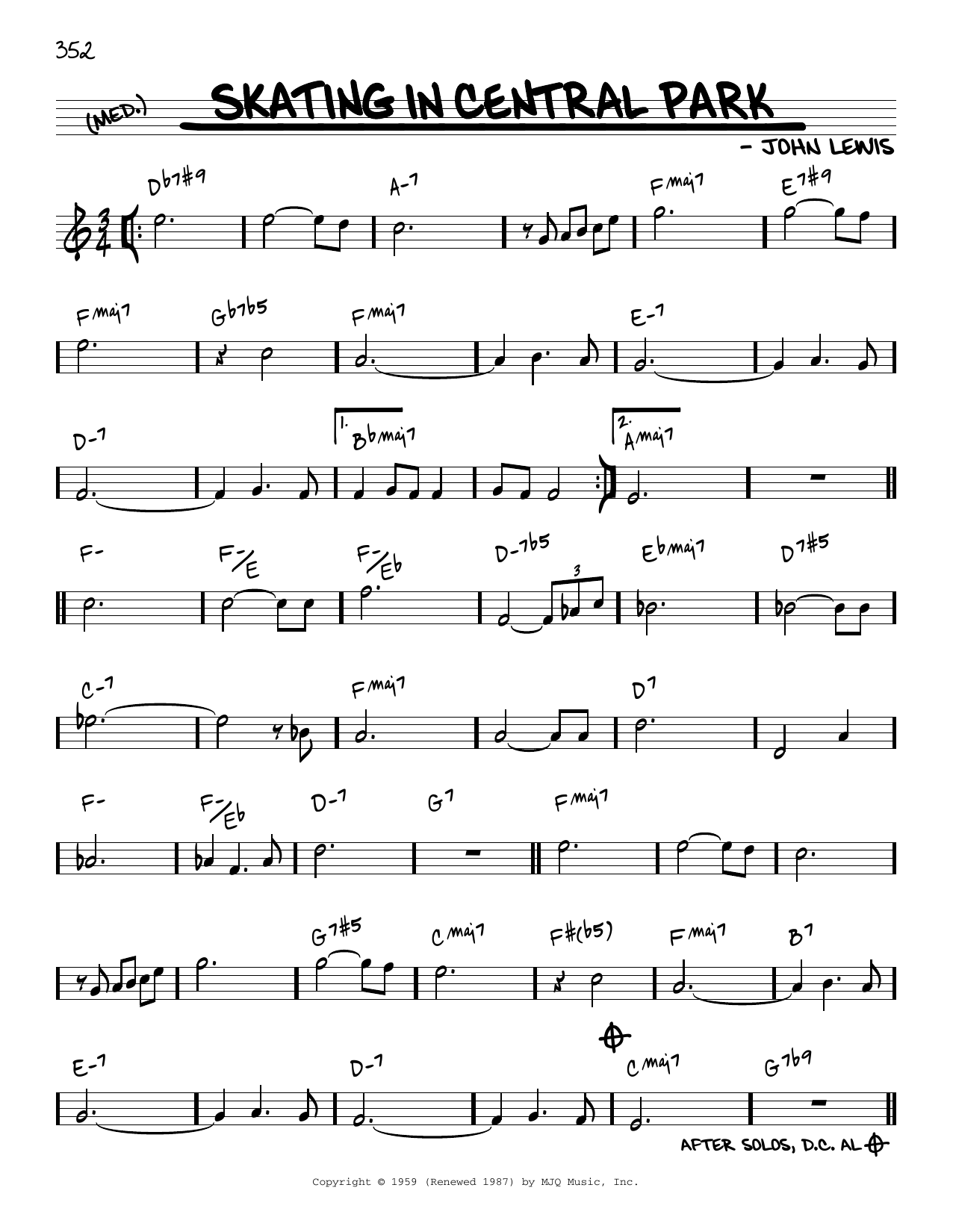 Download John Lewis Skating In Central Park [Reharmonized version] (arr. Jack Grassel) Sheet Music and learn how to play Real Book – Melody & Chords PDF digital score in minutes