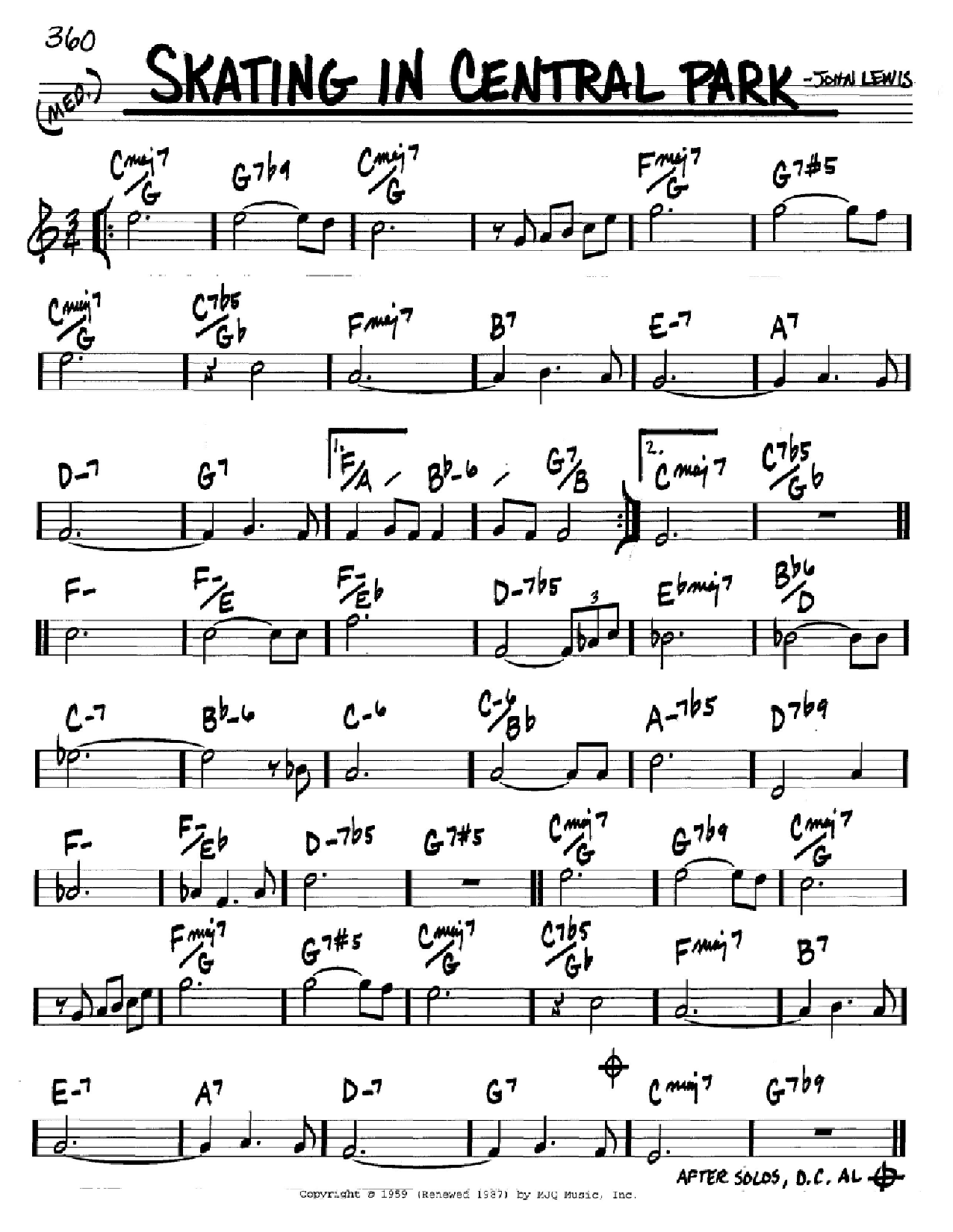 Download John Lewis Skating In Central Park Sheet Music and learn how to play Real Book - Melody & Chords - Bb Instruments PDF digital score in minutes