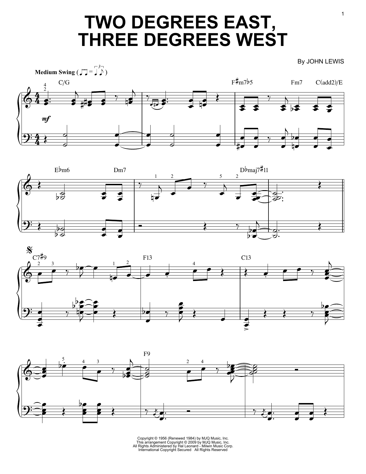 Download John Lewis Two Degrees East, Three Degrees West Sheet Music and learn how to play Piano PDF digital score in minutes