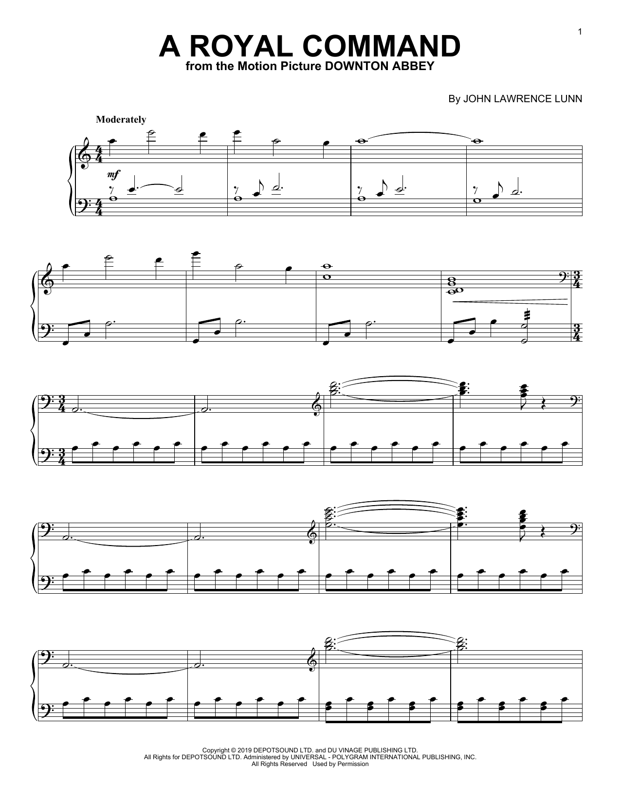 Download John Lunn A Royal Command (from the Motion Picture Downton Abbey) Sheet Music and learn how to play Piano Solo PDF digital score in minutes