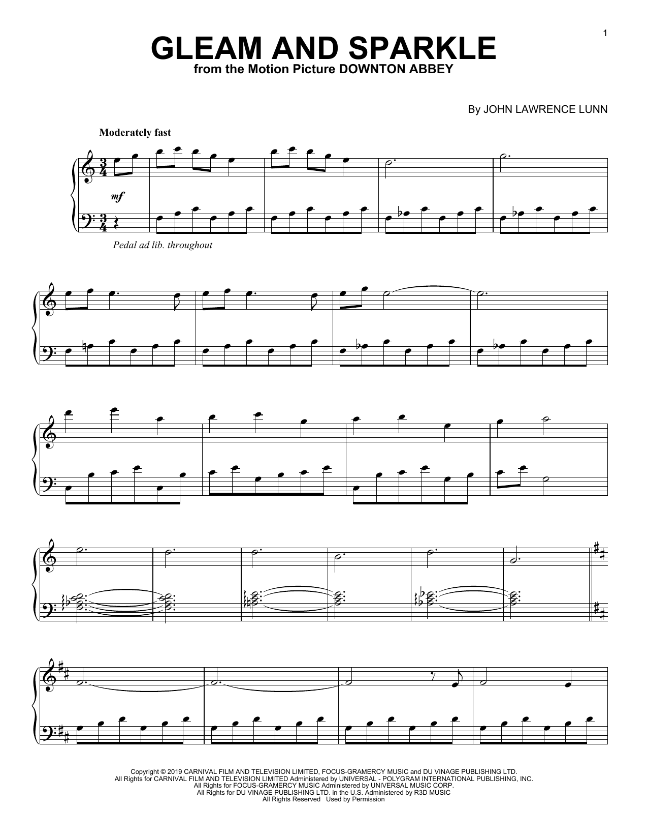 Download John Lunn Gleam And Sparkle (from the Motion Picture Downton Abbey) Sheet Music and learn how to play Piano Solo PDF digital score in minutes