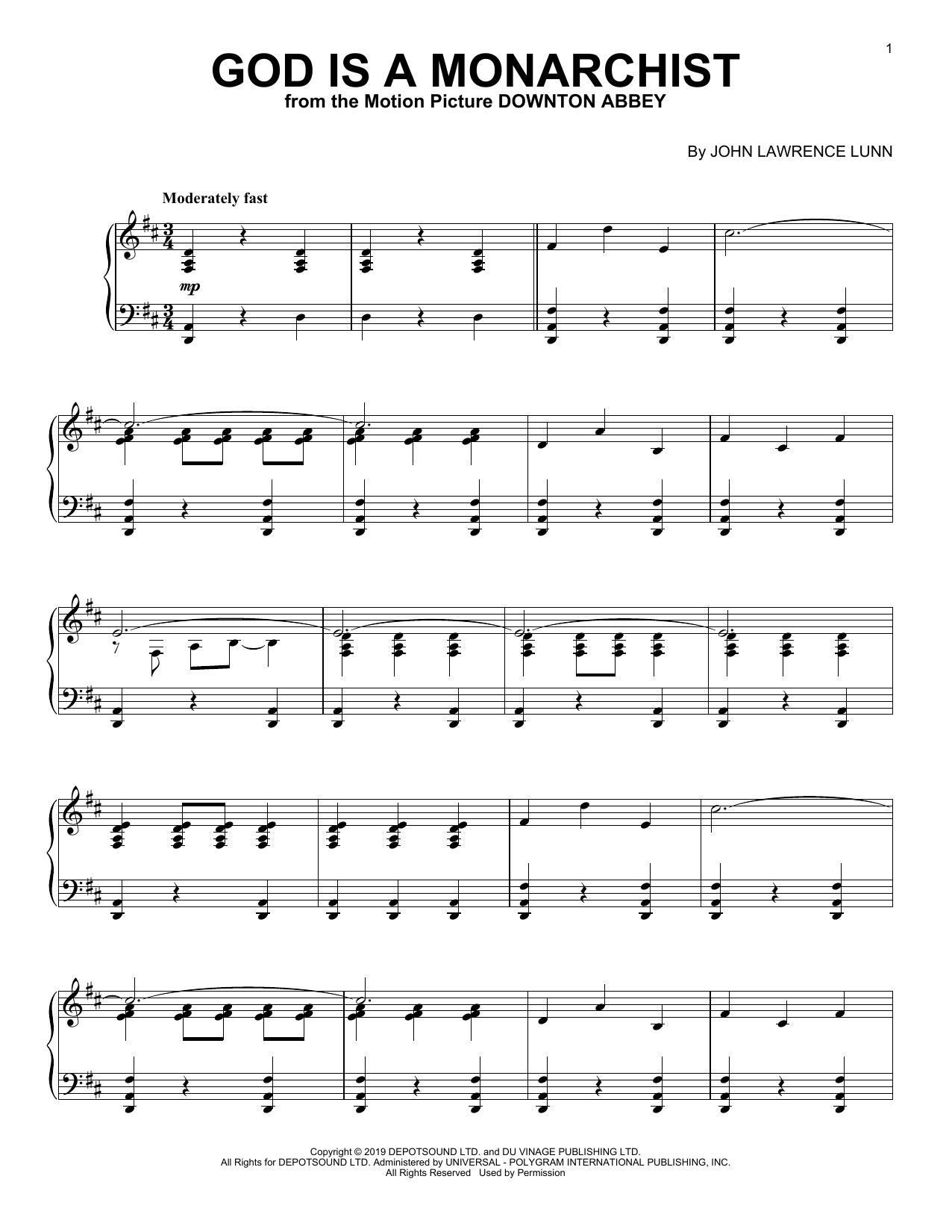Download John Lunn God Is A Monarchist (from the Motion Picture Downton Abbey) Sheet Music and learn how to play Piano Solo PDF digital score in minutes