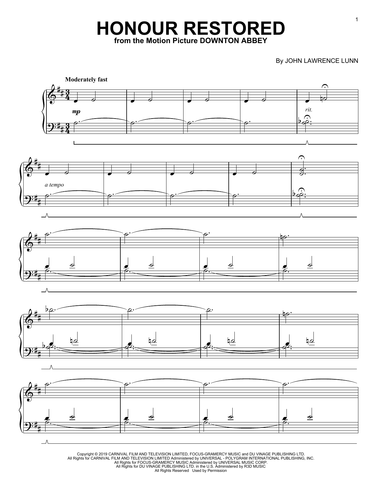 Download John Lunn Honour Restored (from the Motion Picture Downton Abbey) Sheet Music and learn how to play Piano Solo PDF digital score in minutes