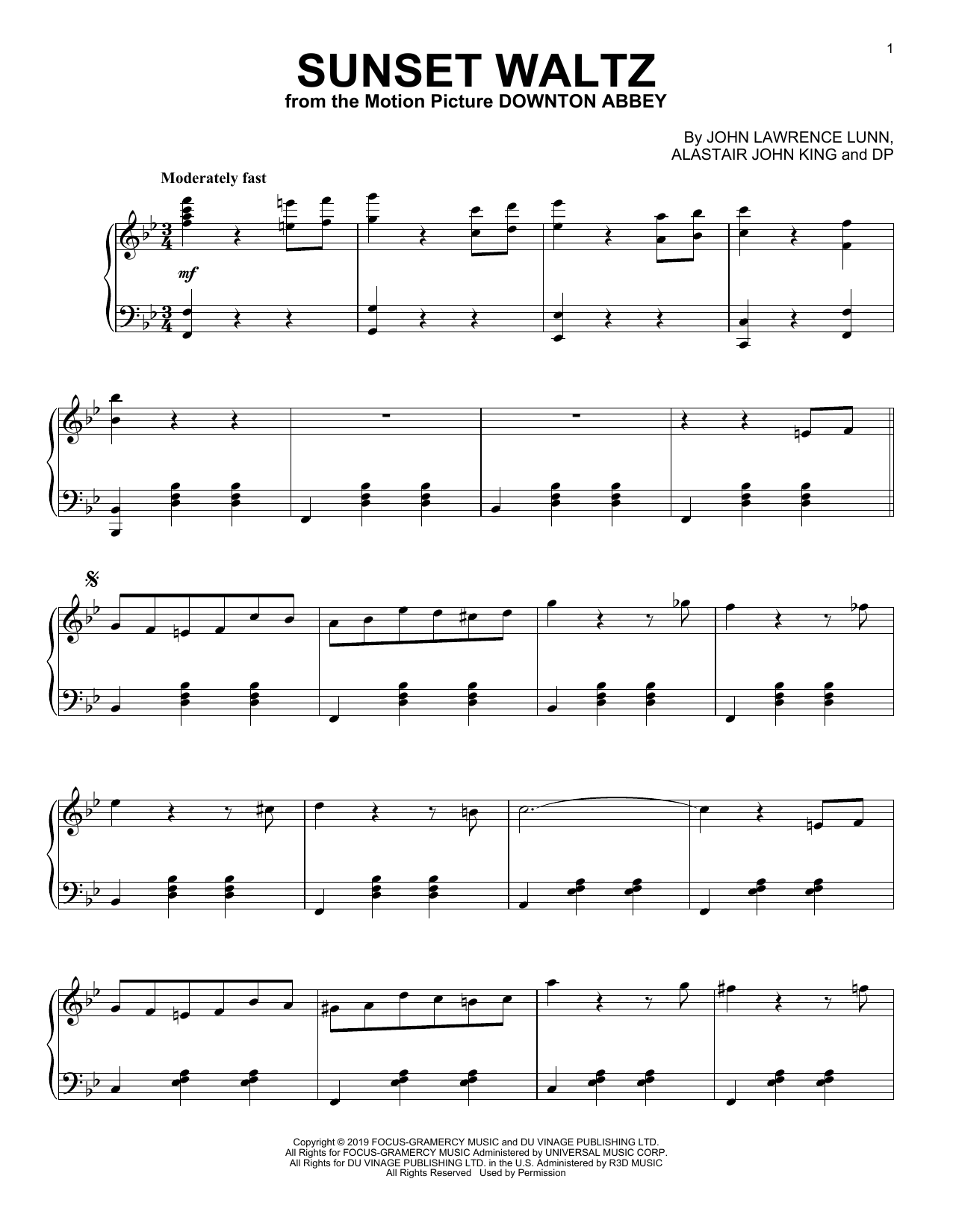 Download John Lunn Sunset Waltz (from the Motion Picture Downton Abbey) Sheet Music and learn how to play Piano Solo PDF digital score in minutes