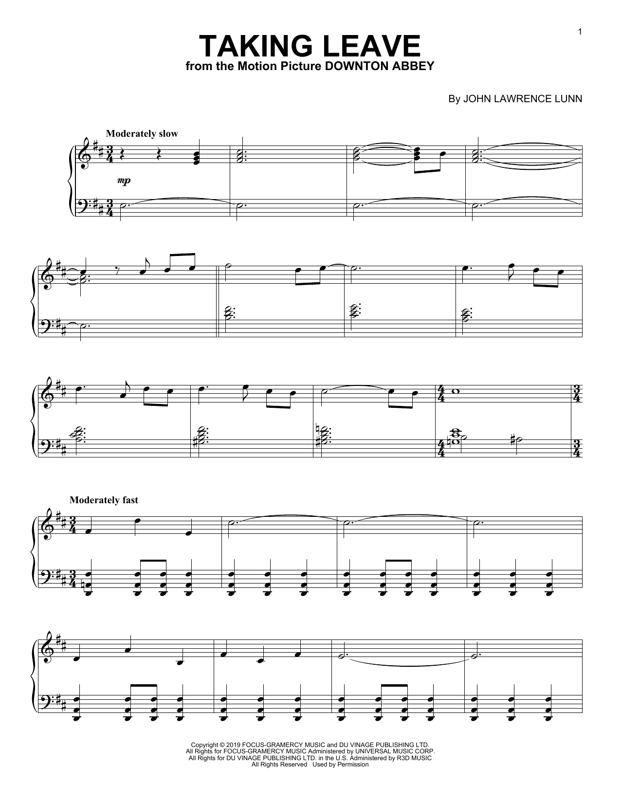 Download John Lunn Taking Leave (from the Motion Picture Downton Abbey) Sheet Music and learn how to play Piano Solo PDF digital score in minutes