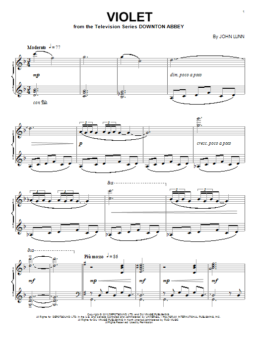 Download John Lunn Violet Sheet Music and learn how to play Piano PDF digital score in minutes