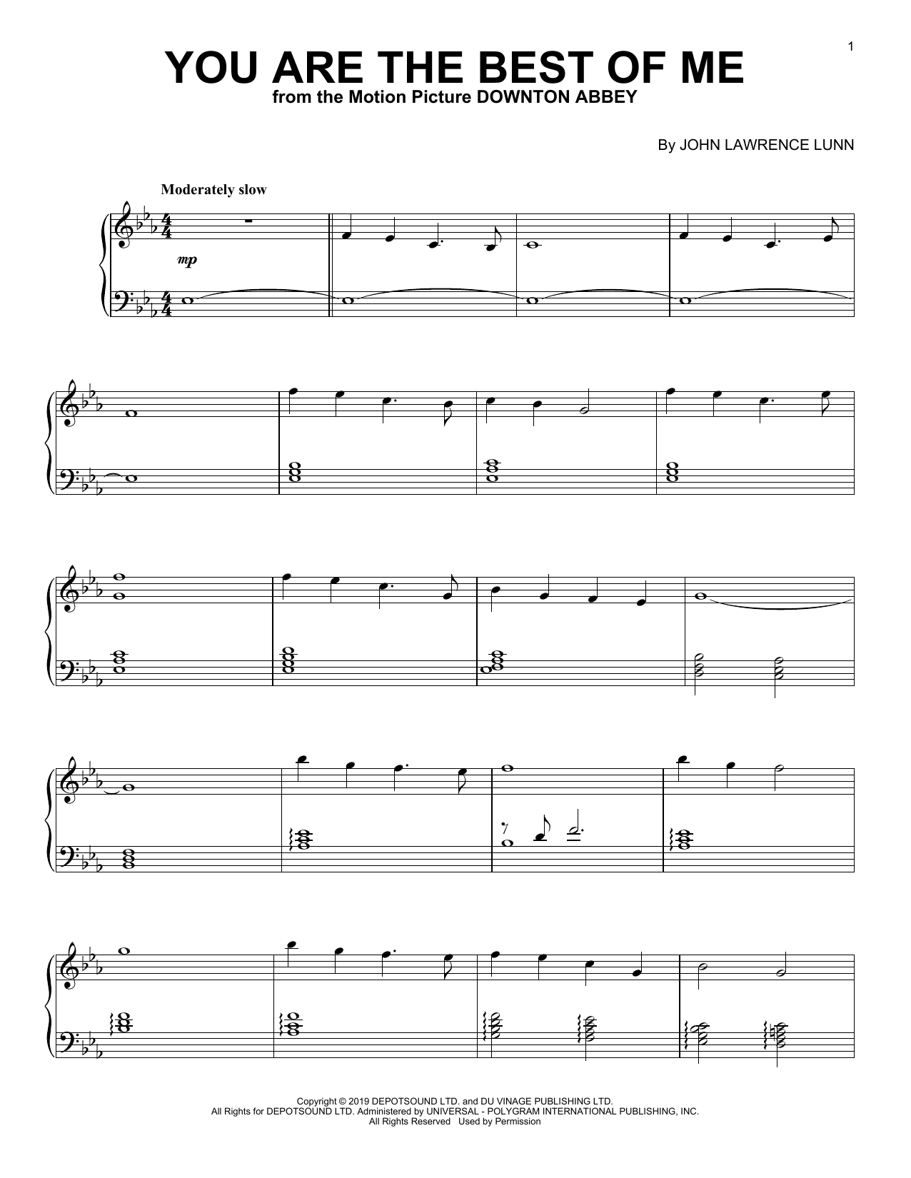 Download John Lunn You Are The Best Of Me (from the Motion Picture Downton Abbey) Sheet Music and learn how to play Piano Solo PDF digital score in minutes