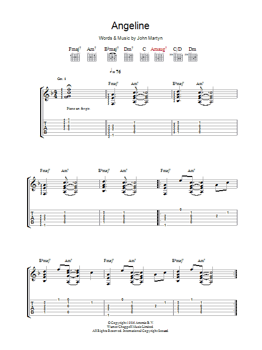 Download John Martyn Angeline Sheet Music and learn how to play Guitar Tab PDF digital score in minutes