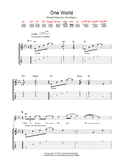 Download John Martyn One World Sheet Music and learn how to play Guitar Tab PDF digital score in minutes