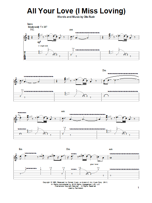 Download John Mayall's Bluesbreakers All Your Love (I Miss Loving) Sheet Music and learn how to play Guitar Tab PDF digital score in minutes