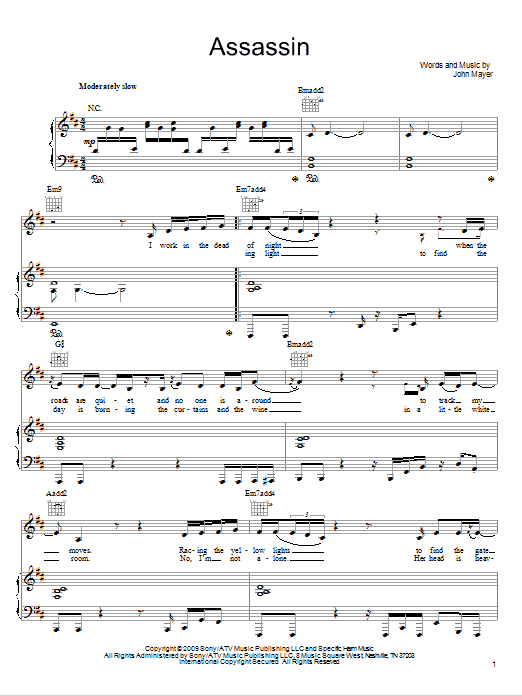Download John Mayer Assassin Sheet Music and learn how to play Easy Guitar PDF digital score in minutes