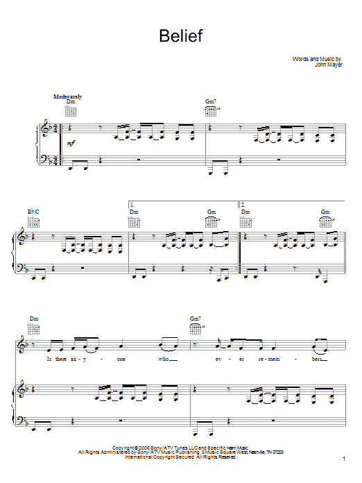 Download John Mayer Belief Sheet Music and learn how to play Piano, Vocal & Guitar (Right-Hand Melody) PDF digital score in minutes