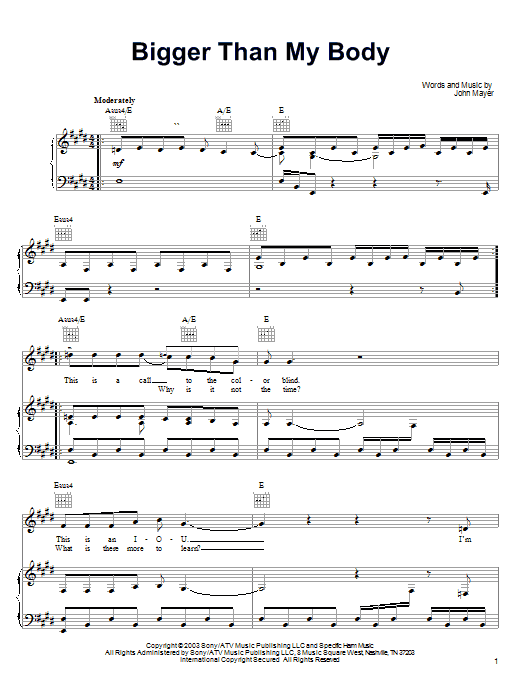 Download John Mayer Bigger Than My Body Sheet Music and learn how to play Piano, Vocal & Guitar (Right-Hand Melody) PDF digital score in minutes